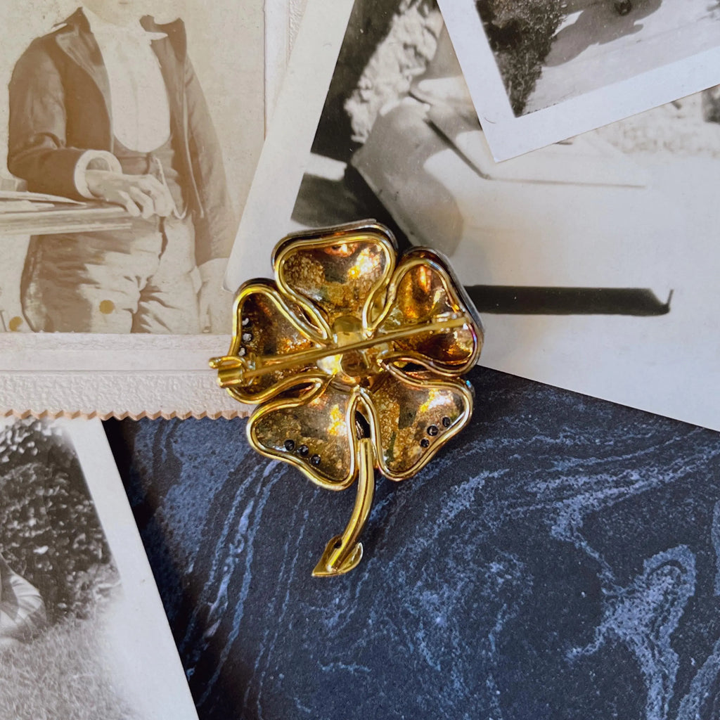 Victorian 18k Yellow Gold Old Mine Cut Diamond Royal Blue Enamel Flower Brooch