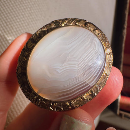 Victorian Gold Plate Banded Agate Bezel Set Brooch