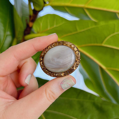Victorian Gold Plate Banded Agate Bezel Set Brooch