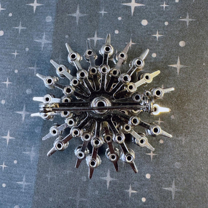 Mid-Century Silver Tone And Crystal Sunburst Pin Brooch
