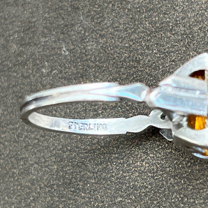Art Deco Sterling Silver and Yellowish Orange Glass Solitaire Ring