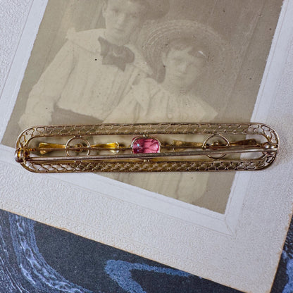Edwardian 10k Yellow Gold, Pink Sapphire, and Pearl Brooch