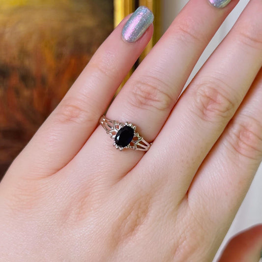 Vintage Sterling Silver and Dark Blue Sapphire Solitaire Ring