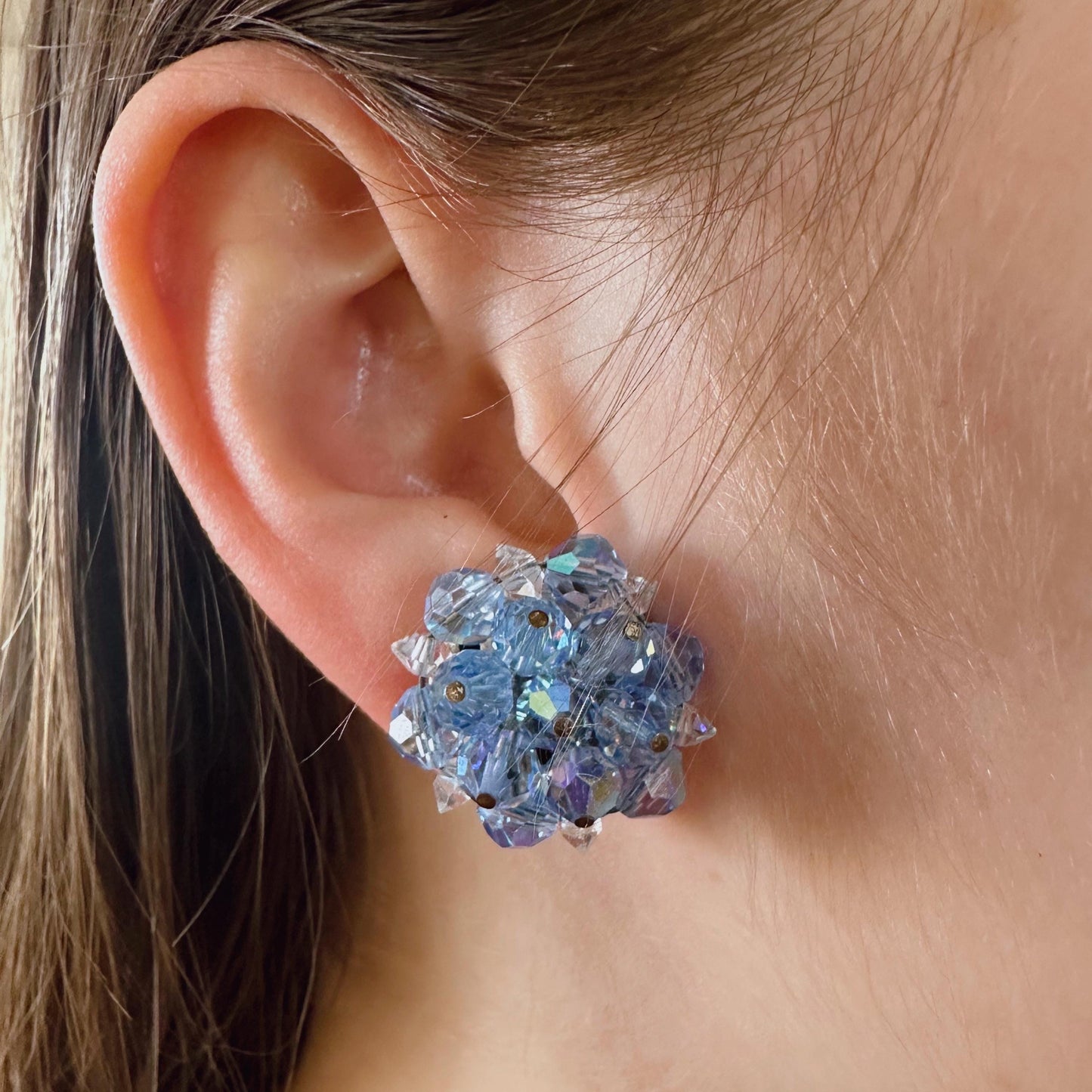 Mid-Century Laguna Silver-Tone and Aurora Borealis Crystal Beaded Button Ear Clip Earrings