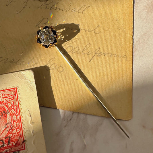 Victorian 12k Yellow Gold, Star Facet Old Mine Cut Paste, Gold-Tone, and Enamel Stickpin