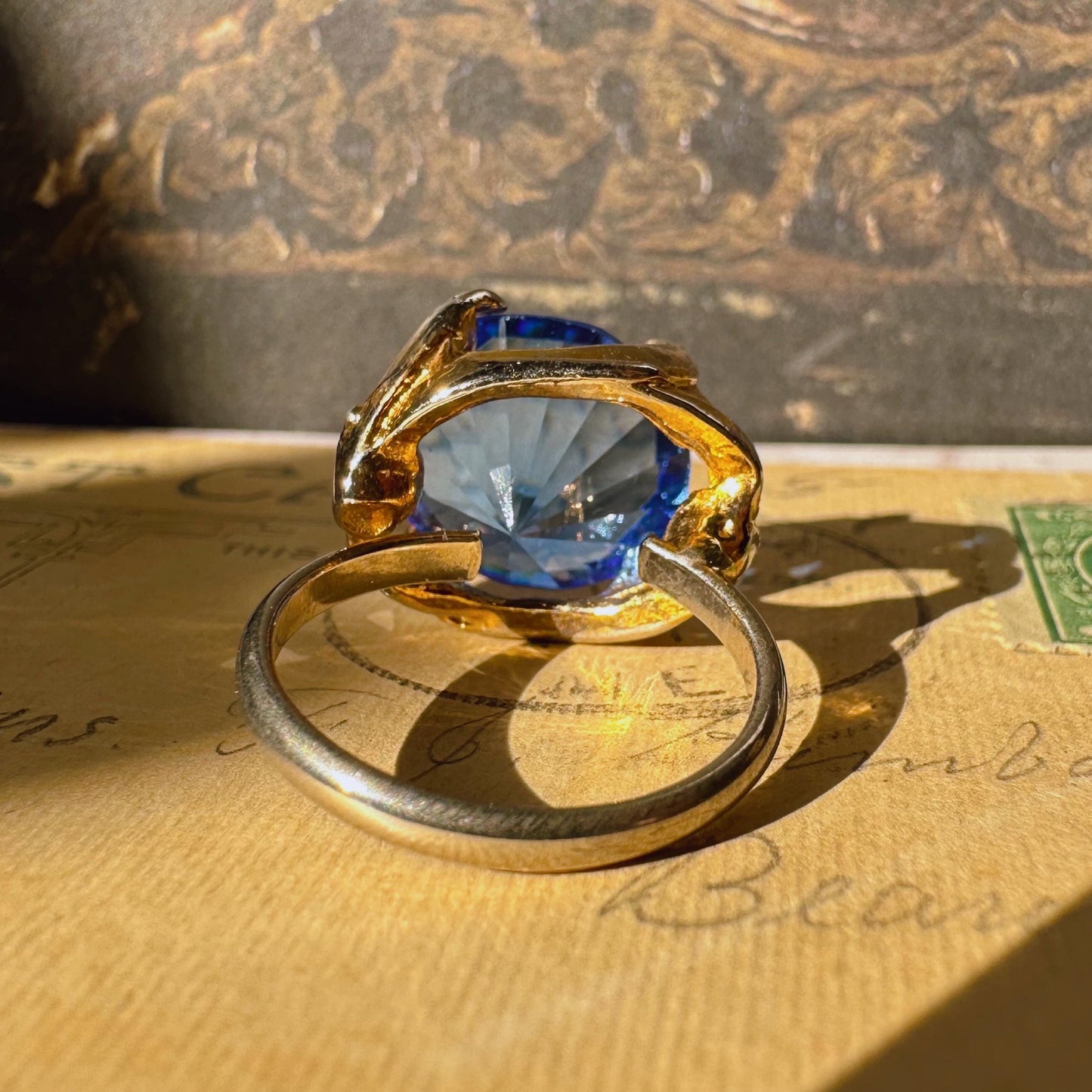 Mid-Century Goldtone and Simulated Sapphire Glass Crystal Adjustable Ring