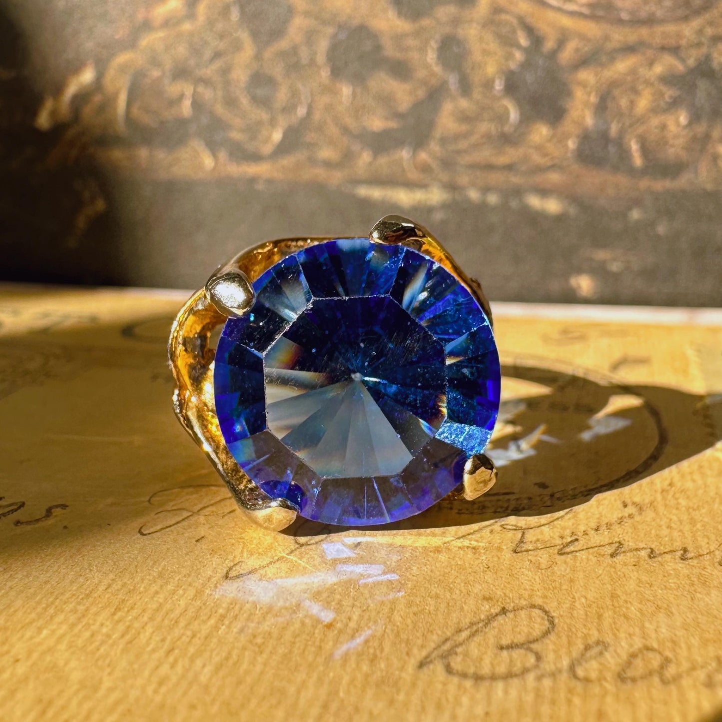 Mid-Century Goldtone and Simulated Sapphire Glass Crystal Adjustable Ring