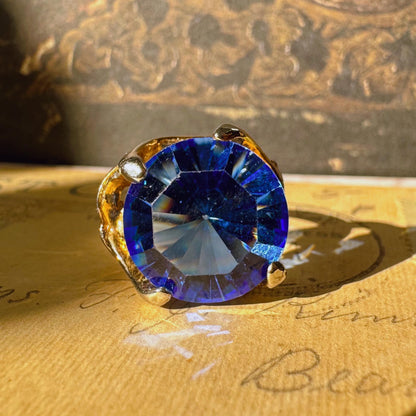 Mid-Century Goldtone and Simulated Sapphire Glass Crystal Adjustable Ring