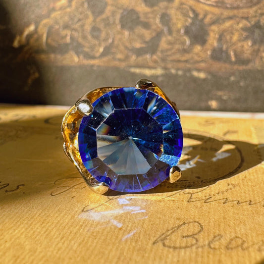 Mid-Century Goldtone and Simulated Sapphire Glass Crystal Adjustable Ring
