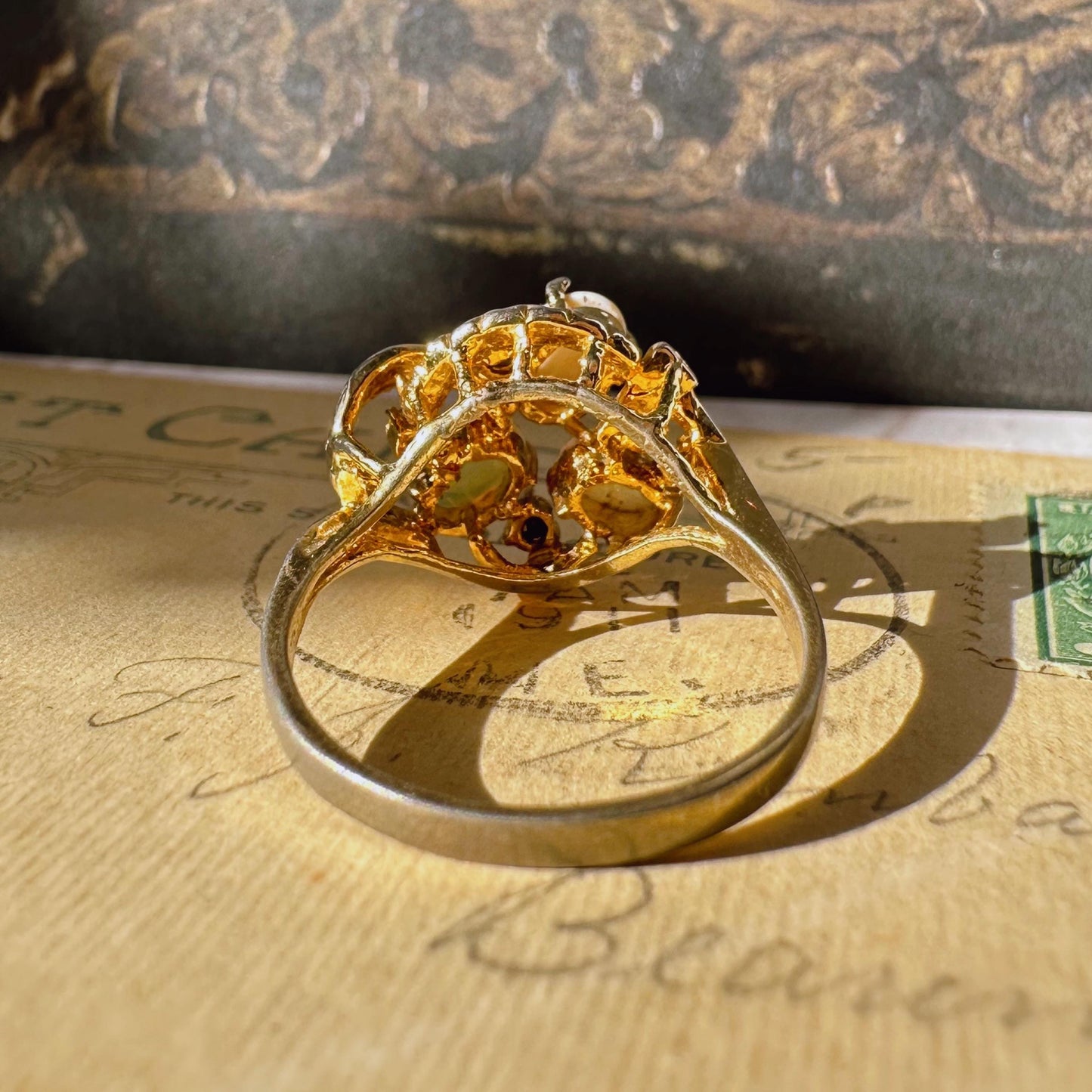 Mid-Century Goldtone, Opal, and Crystal Ring