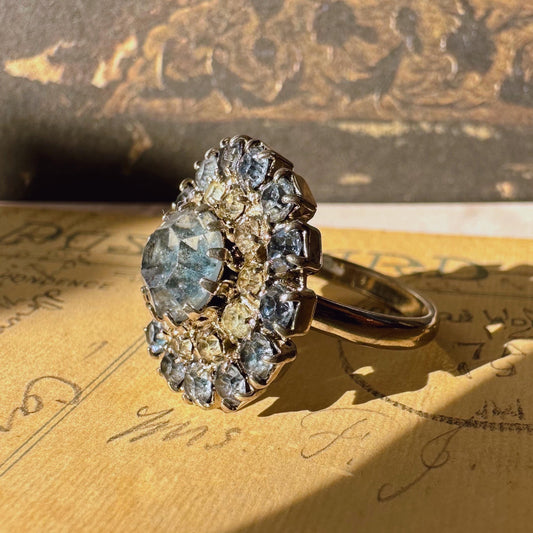 Mid-Century Silver-Tone and Light Blue Crystal Adjustable Ring