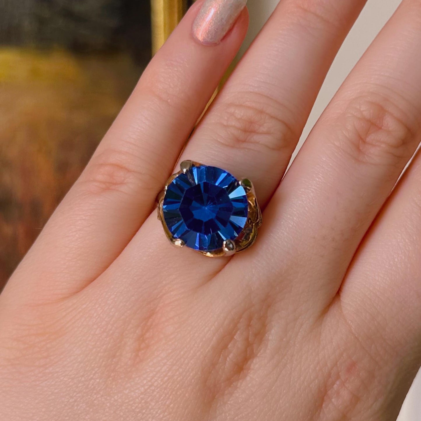 Mid-Century Goldtone and Simulated Sapphire Glass Crystal Adjustable Ring