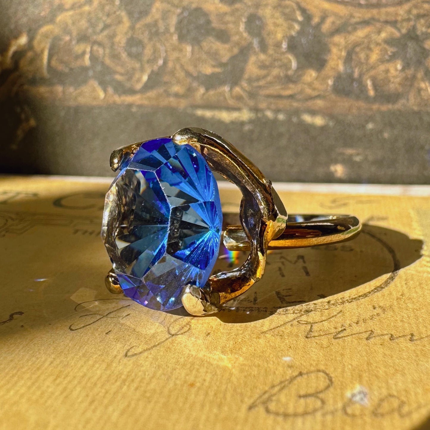Mid-Century Goldtone and Simulated Sapphire Glass Crystal Adjustable Ring