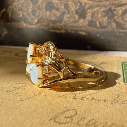 Mid-Century Goldtone, Opal, and Crystal Ring