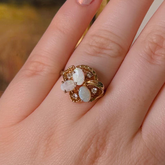 Mid-Century Goldtone, Opal, and Crystal Ring