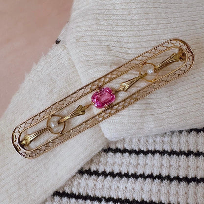 Edwardian 10k Yellow Gold, Pink Sapphire, and Pearl Brooch