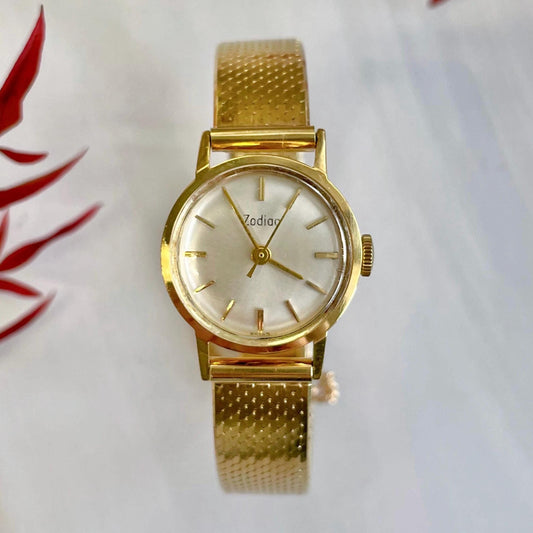 Mid-Century Zodiac 14k and 18k Solid Yellow Gold Manual Movement Wristwatch