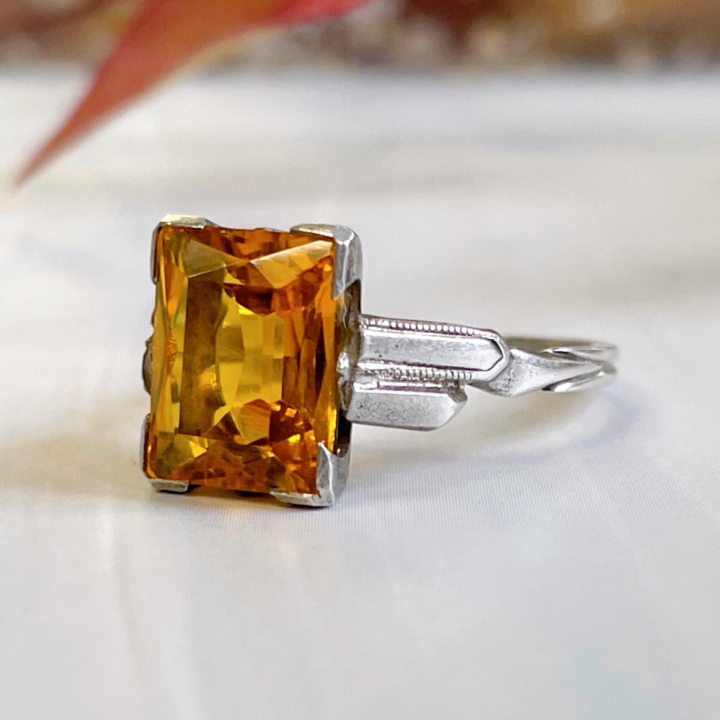 Art Deco Sterling Silver and Yellowish Orange Glass Solitaire Ring