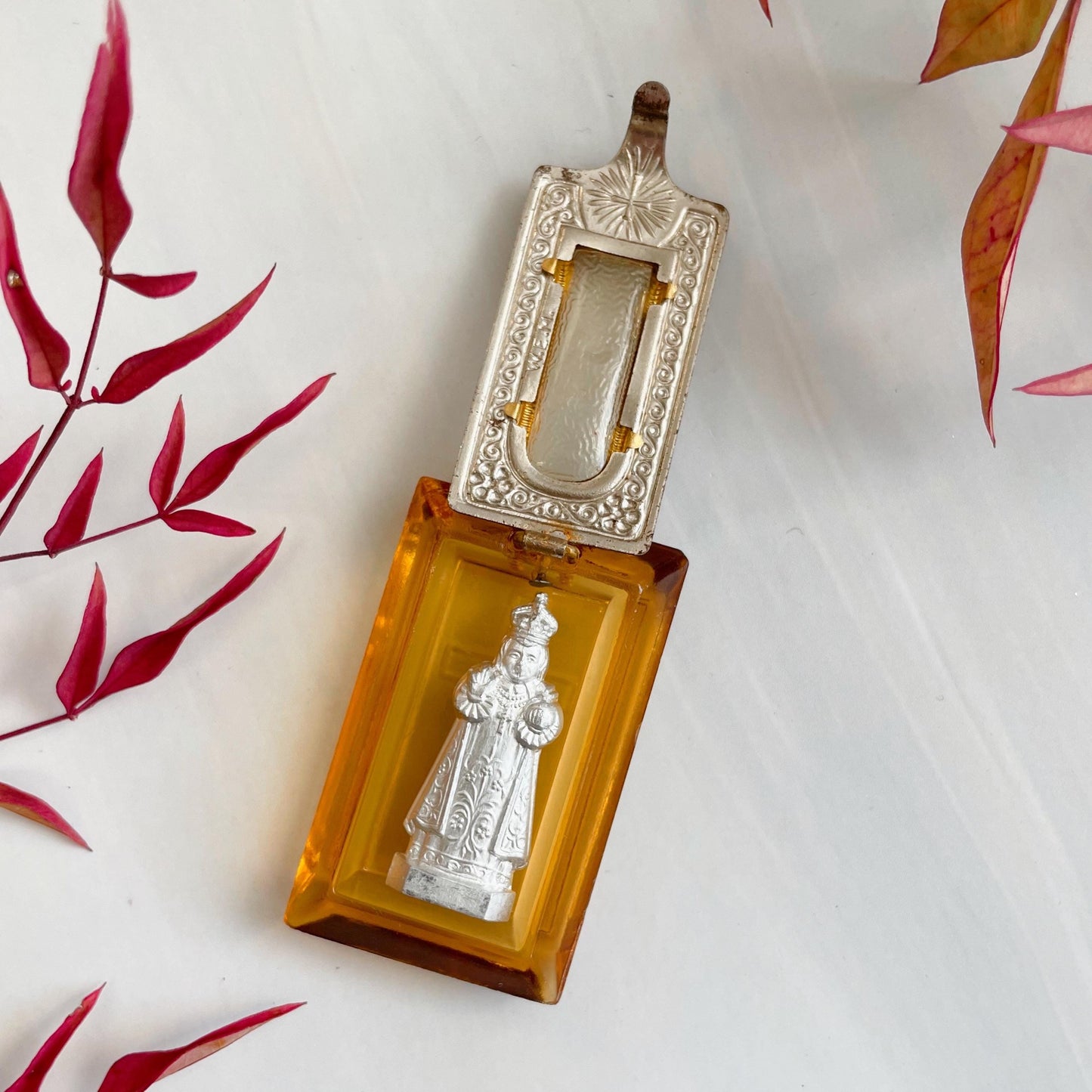 Art Deco Czechoslovakian Glass and Silver-Plated Catholic Pocket Shrine Locket