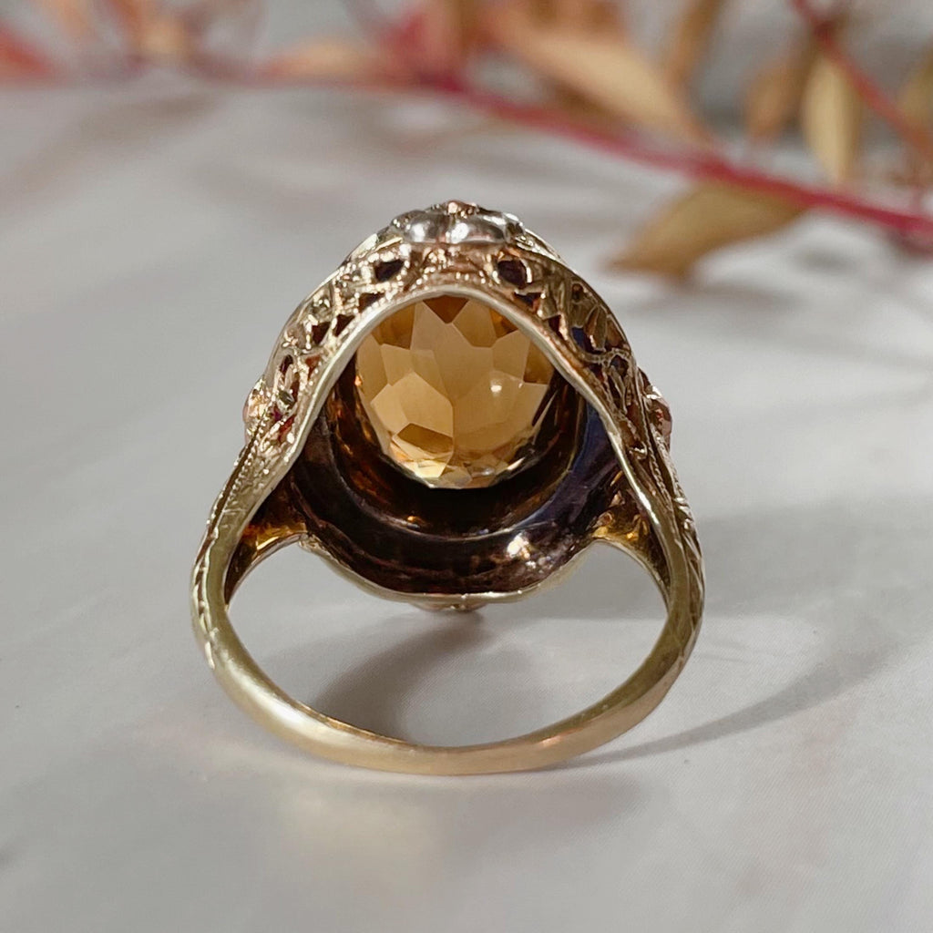 Arts & Crafts 14k Yellow Gold and Citrine Filigree Ring