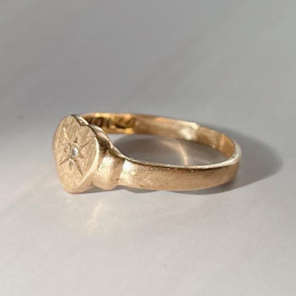 Retro 10k Yellow Gold and Diamond Heart Compass Signet Baby Midi Ring