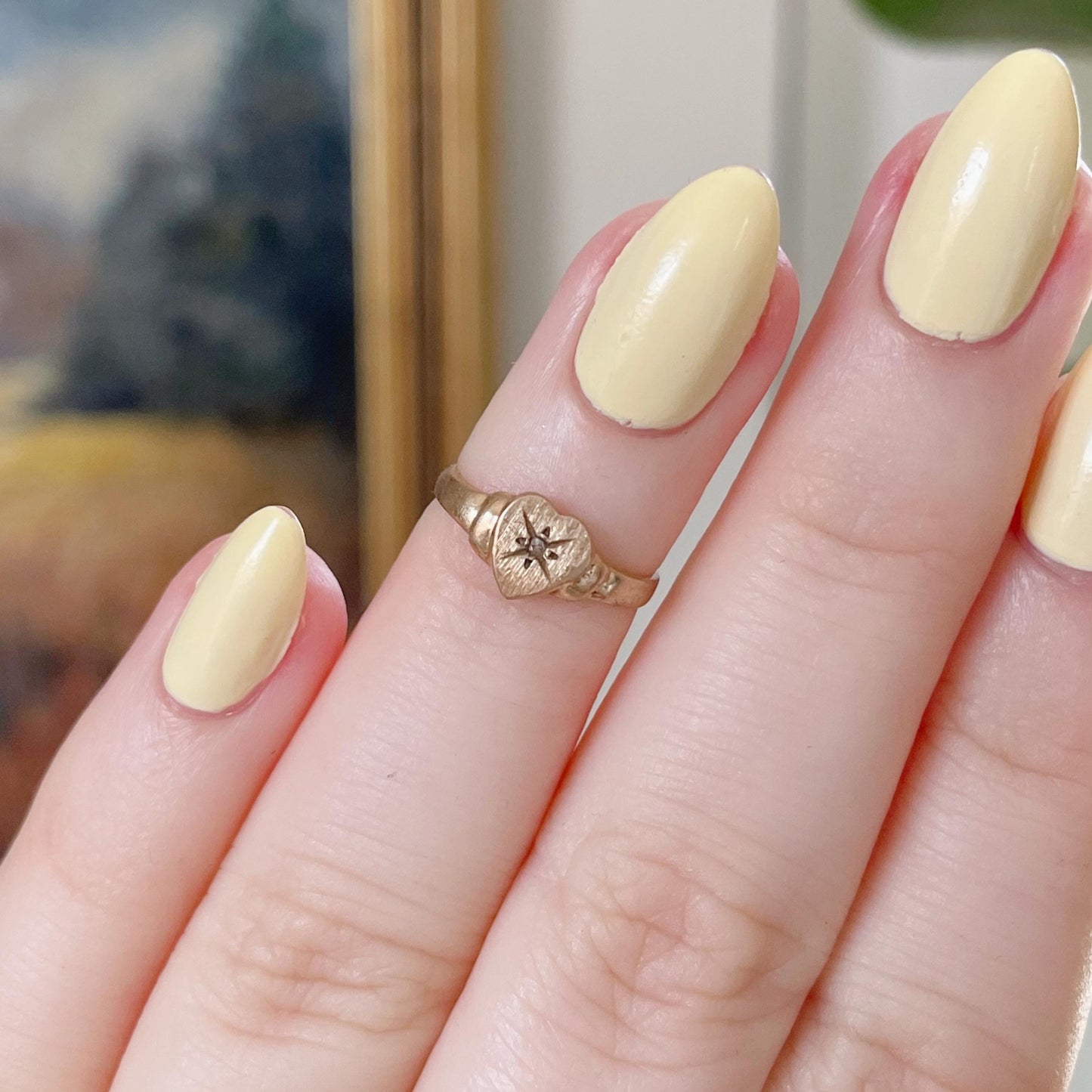 Retro 10k Yellow Gold and Diamond Heart Compass Signet Baby Midi Ring