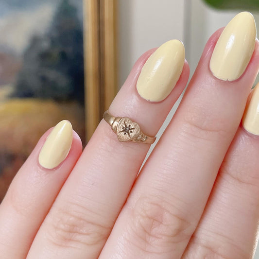 Retro 10k Yellow Gold and Diamond Heart Compass Signet Baby Midi Ring