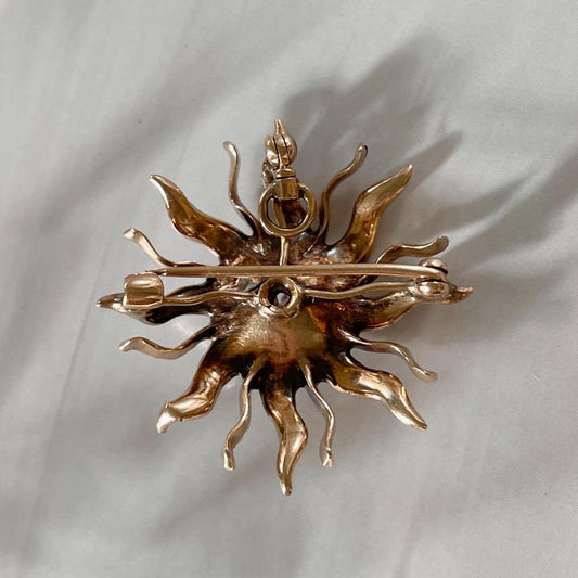 Victorian 10k Rose Gold, Diamond, and Seed Pearl Starburst Sunburst Celestial Brooch/Pendant
