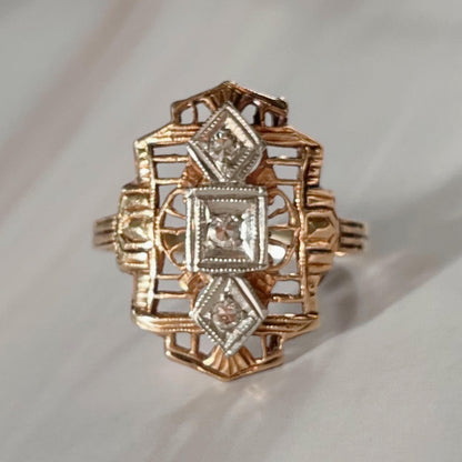 Art Deco 14k Two-Tone Gold and Diamond Filigree Dinner Ring