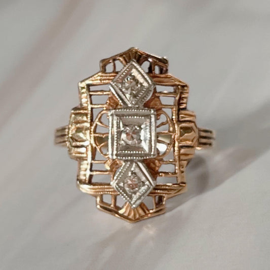 Art Deco 14k Two-Tone Gold and Diamond Filigree Dinner Ring