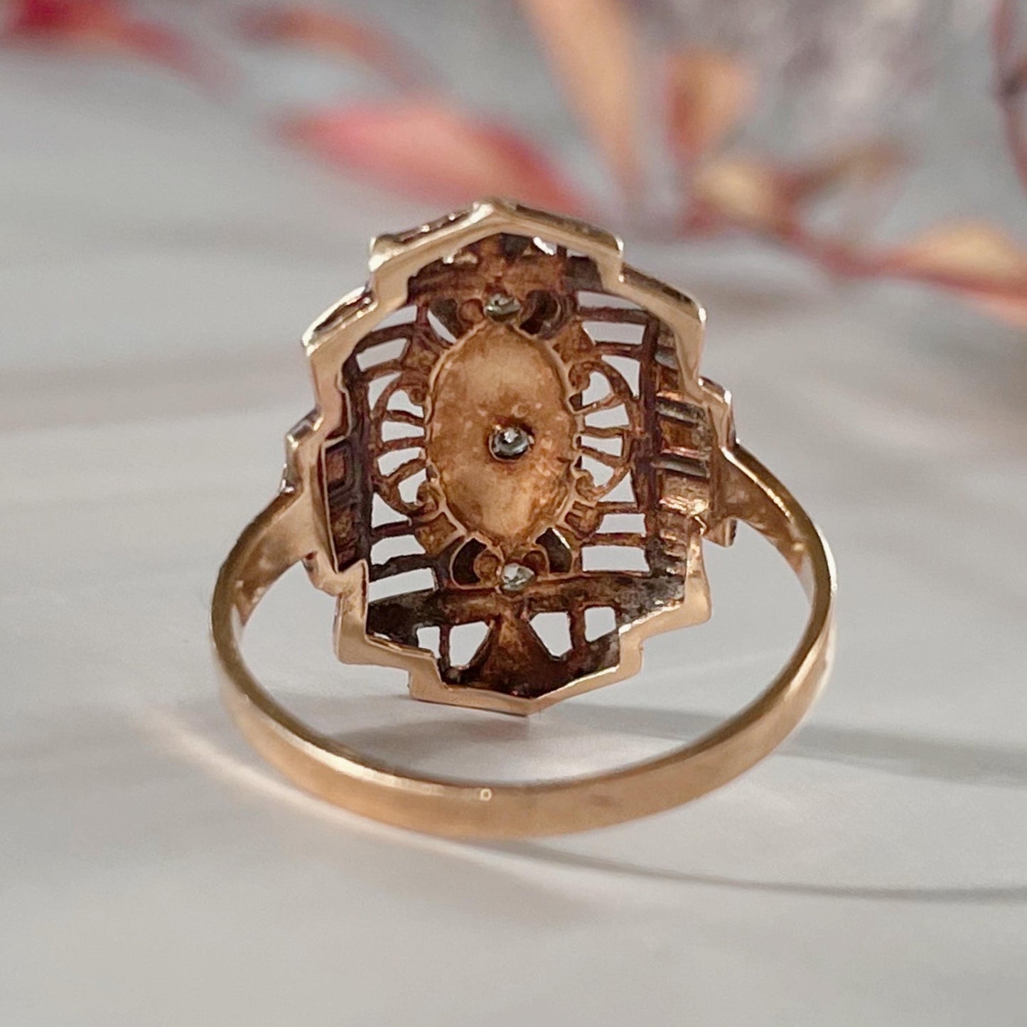Art Deco 14k Two-Tone Gold and Diamond Filigree Dinner Ring