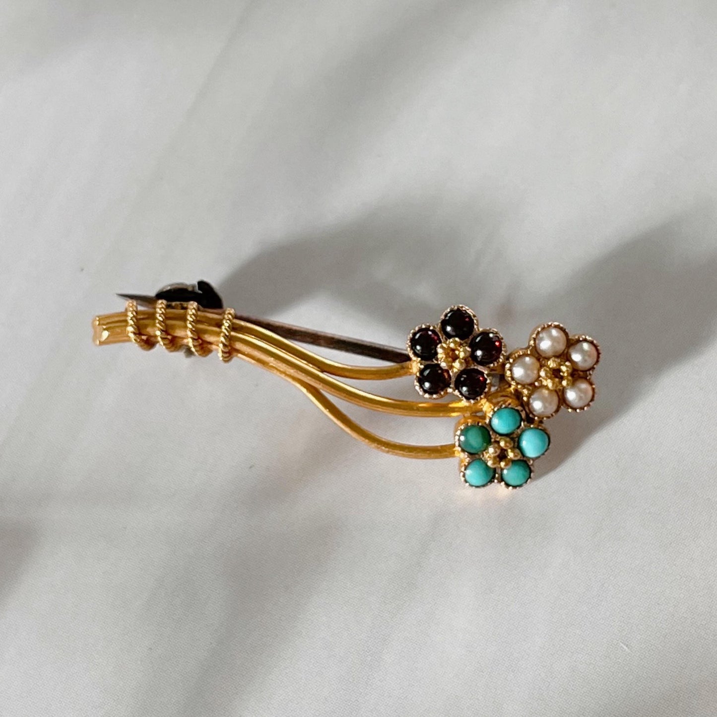 Edwardian 18k Yellow Gold, Garnet, Turquoise, and Pearl Flower Brooch