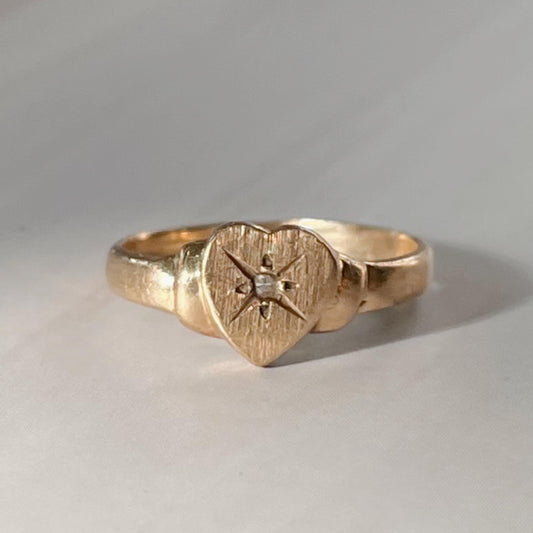Retro 10k Yellow Gold and Diamond Heart Compass Signet Baby Midi Ring