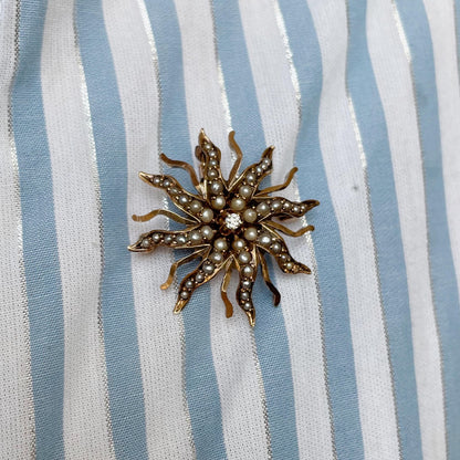 Victorian 10k Rose Gold, Diamond, and Seed Pearl Starburst Sunburst Celestial Brooch/Pendant