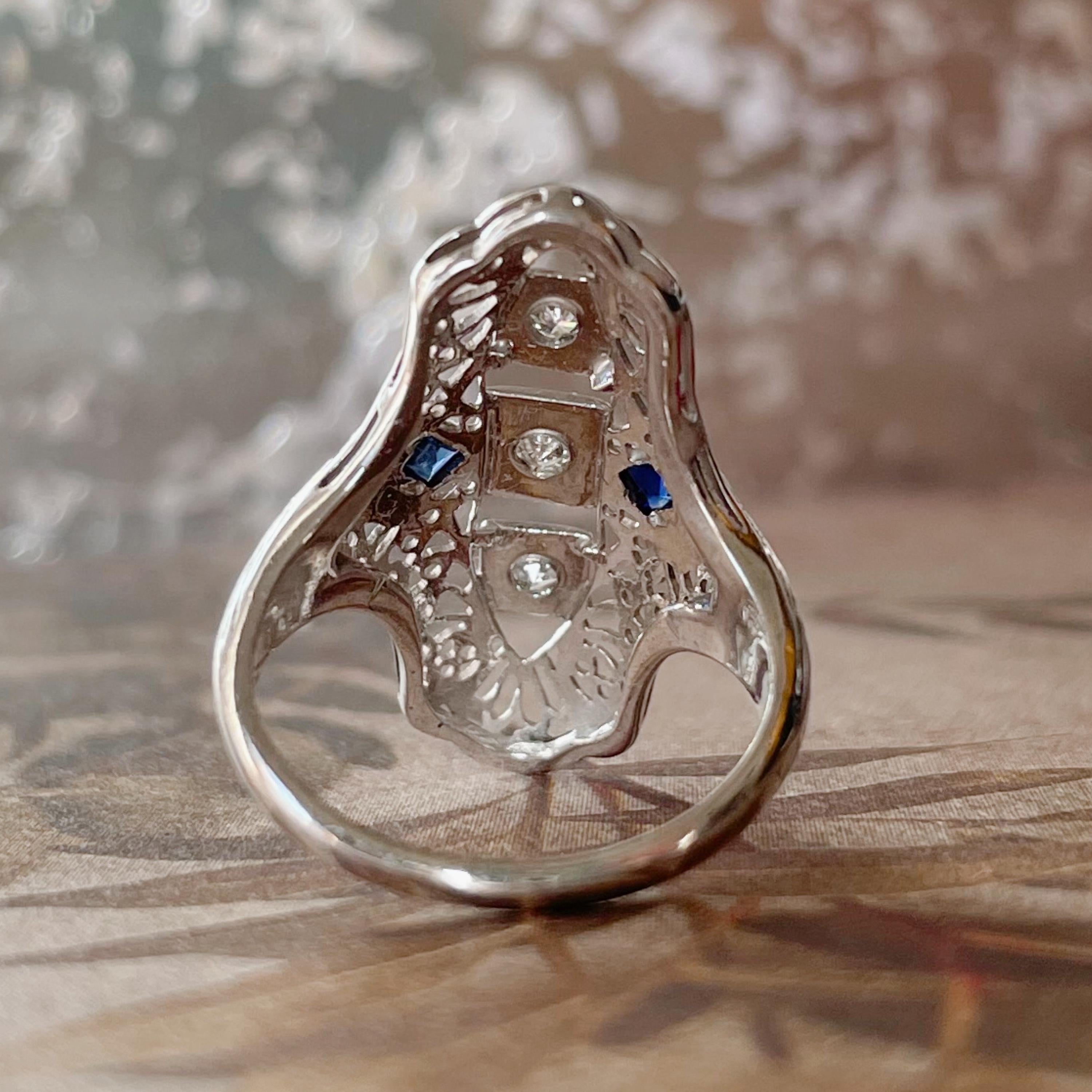 Art Deco 18k White Gold, Diamond, and Sapphire Filigree Shield Dinner Ring