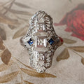 Art Deco 18k White Gold, Diamond, and Sapphire Filigree Shield Dinner Ring