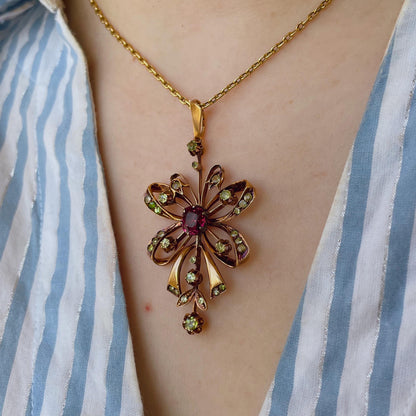 Antique Russian 14k Rose Gold, Tourmaline, and Demantoid Garnet Pendant