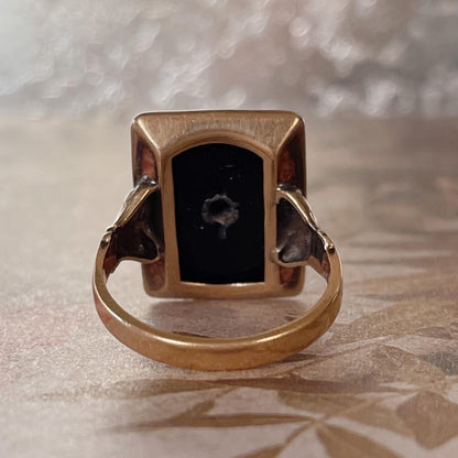 Art Deco 10k Yellow Gold, Onyx, and Diamond Ring