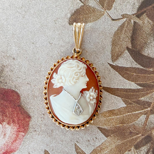 Edwardian 10k Yellow Gold, Carved Shell, and Diamond Cameo Pendant