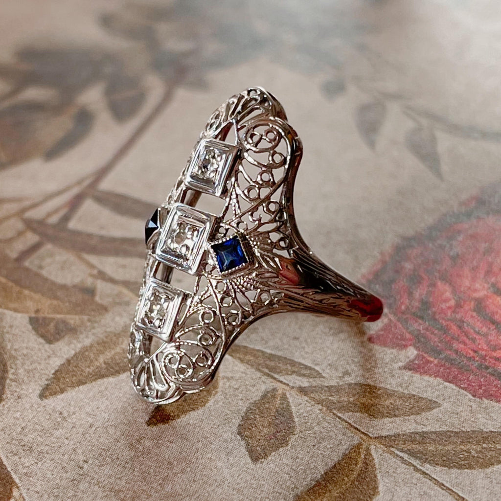 Art Deco 18k White Gold, Diamond, and Sapphire Filigree Shield Dinner Ring