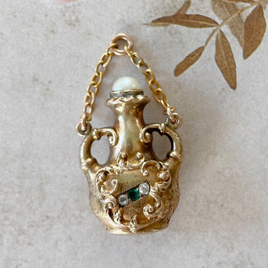 Victorian 19k Yellow Gold, Diamond, Emerald, and Pearl Jar Pendant/Charm