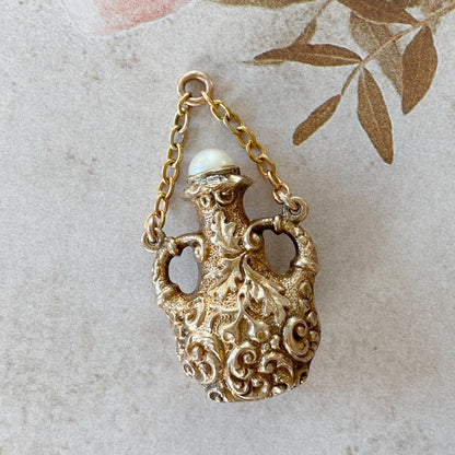 Victorian 19k Yellow Gold, Diamond, Emerald, and Pearl Jar Pendant/Charm