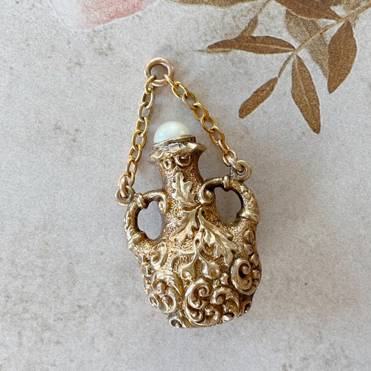 Victorian 19k Yellow Gold, Diamond, Emerald, and Pearl Jar Pendant/Charm