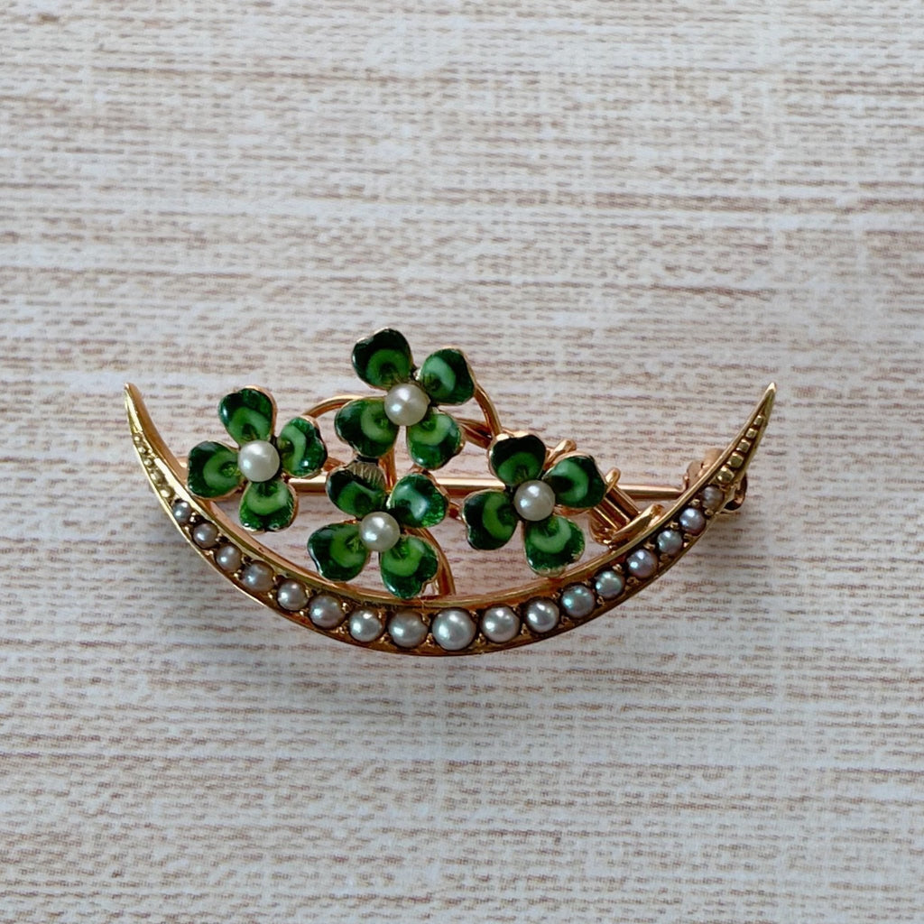 Krementz Art Nouveau 14k Gold Pearl and Enamel Clover Crescent Moon Pendant/Brooch - Clover Collective Antiques