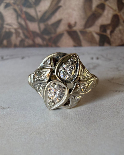 Late Art Deco 14k White and Diamond Toi et Moi Dinner Ring - Clover Collective Antiques