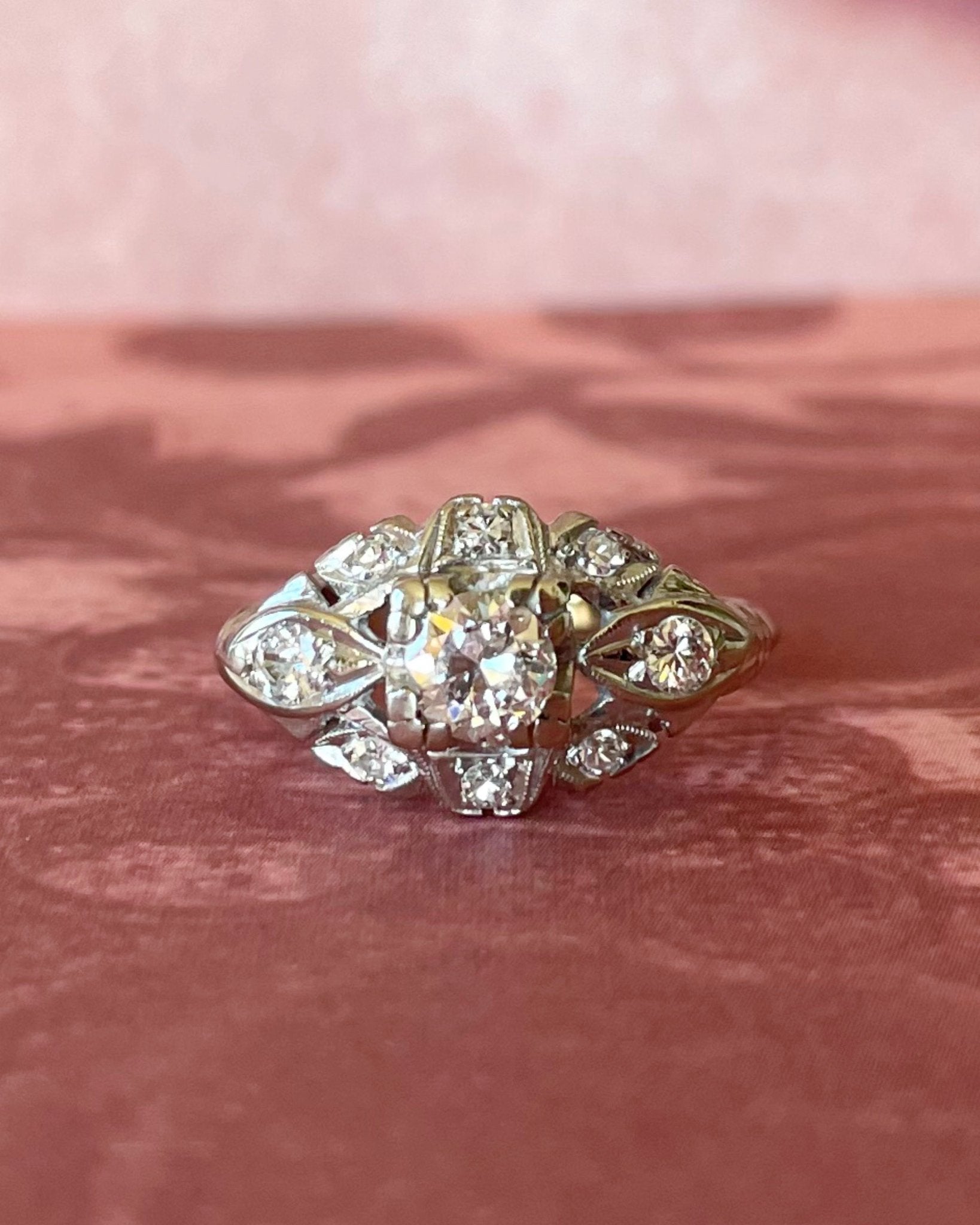 Late Art Deco 18k White Gold and Diamond Ring - Clover Collective Antiques