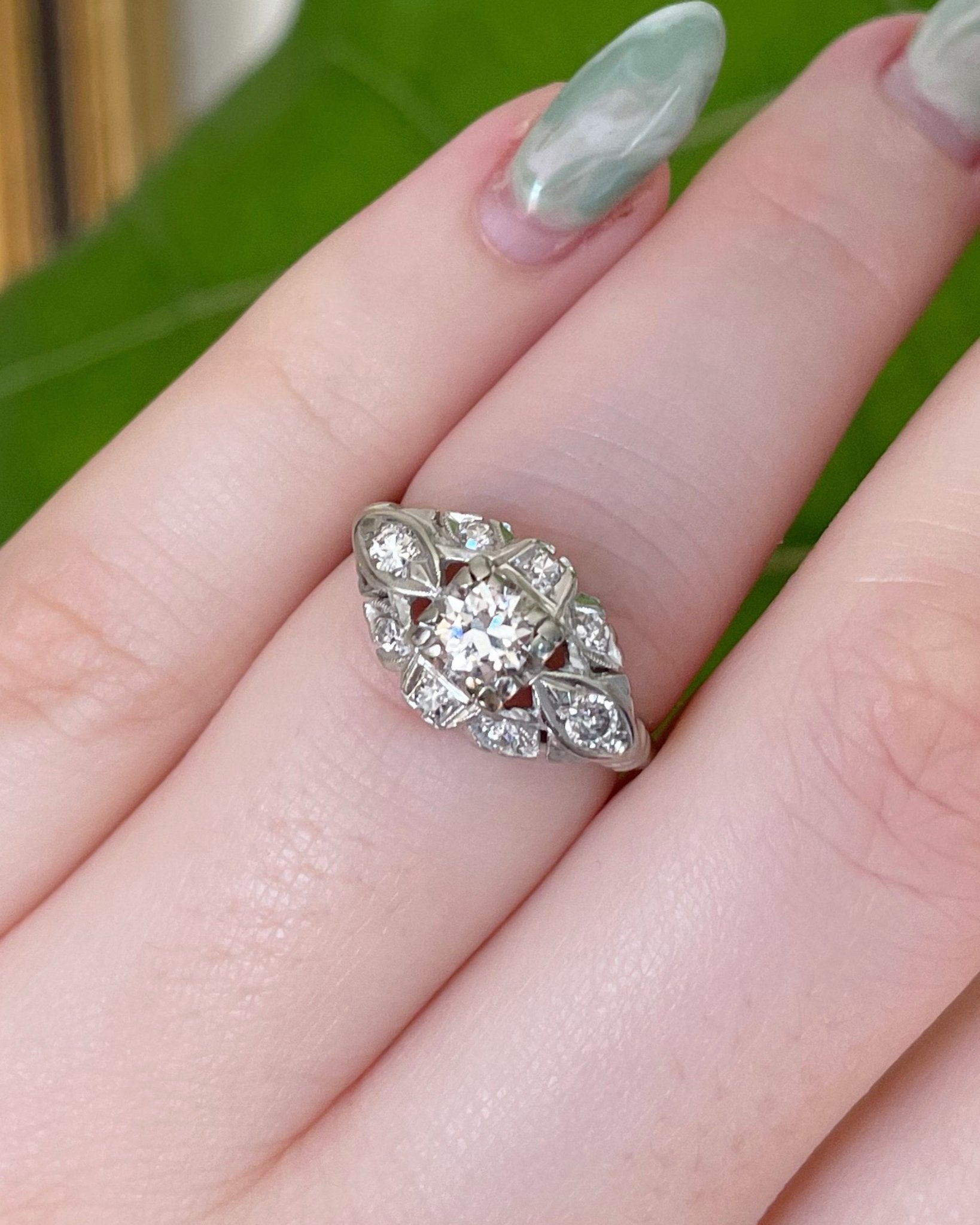Late Art Deco 18k White Gold and Diamond Ring - Clover Collective Antiques