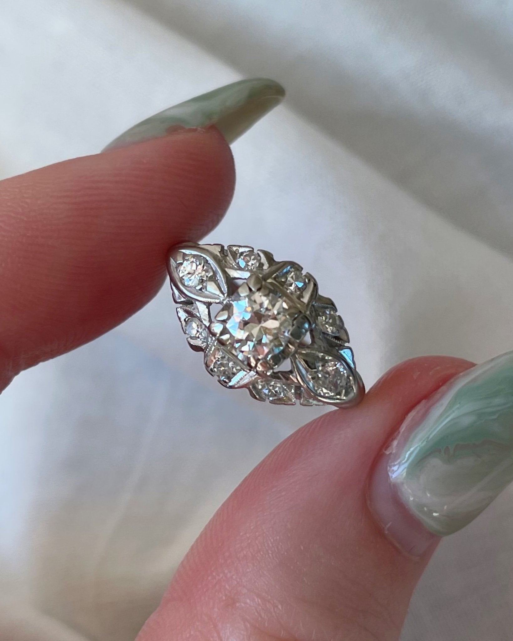 Late Art Deco 18k White Gold and Diamond Ring - Clover Collective Antiques