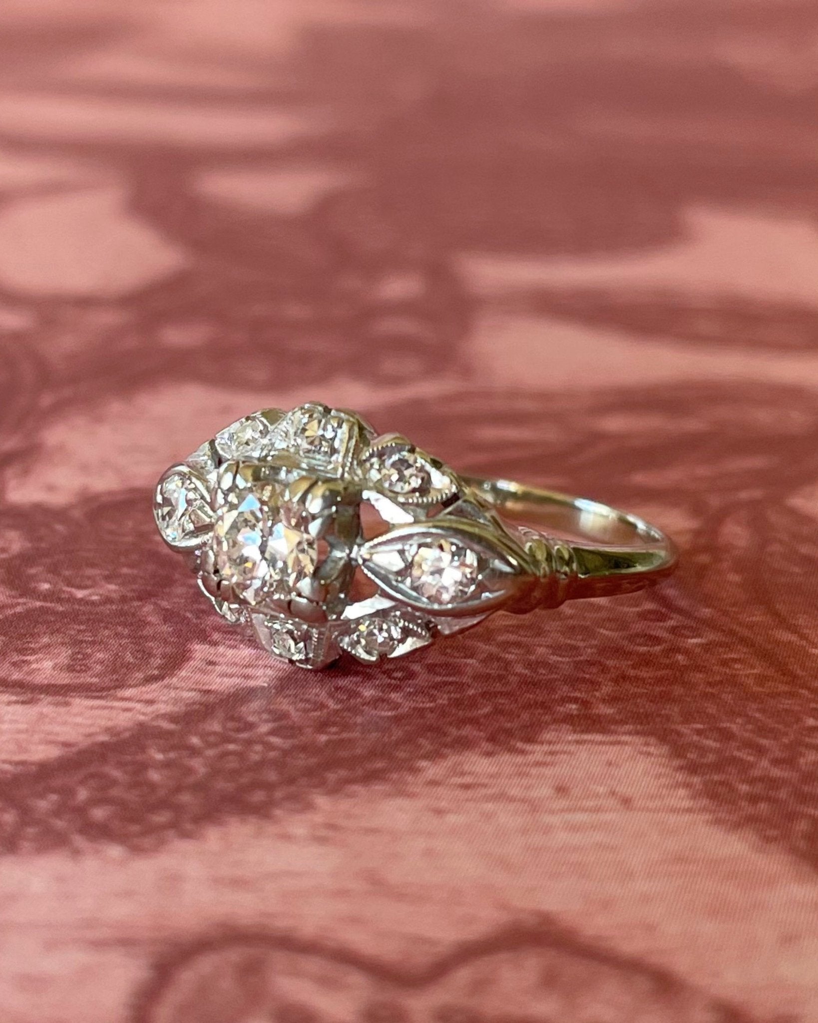 Late Art Deco 18k White Gold and Diamond Ring - Clover Collective Antiques
