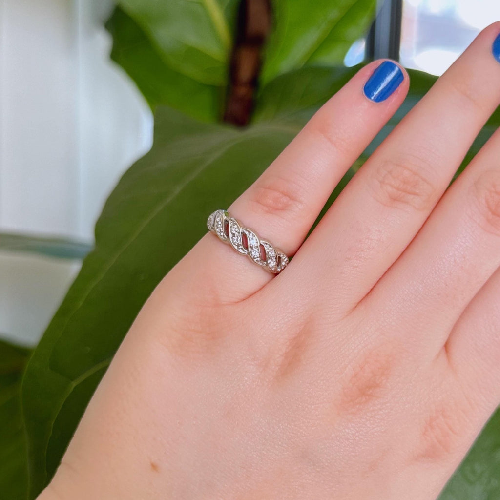 Mid - Century 14k White Gold and Diamond Band Ring - Clover Collective Antiques